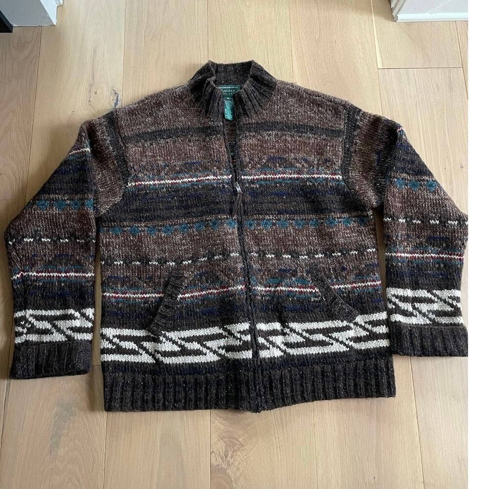 Women's Ralph Lauren Aztec full-zip Hand Knit Wool Cardigan XL - Picture 3 of 6